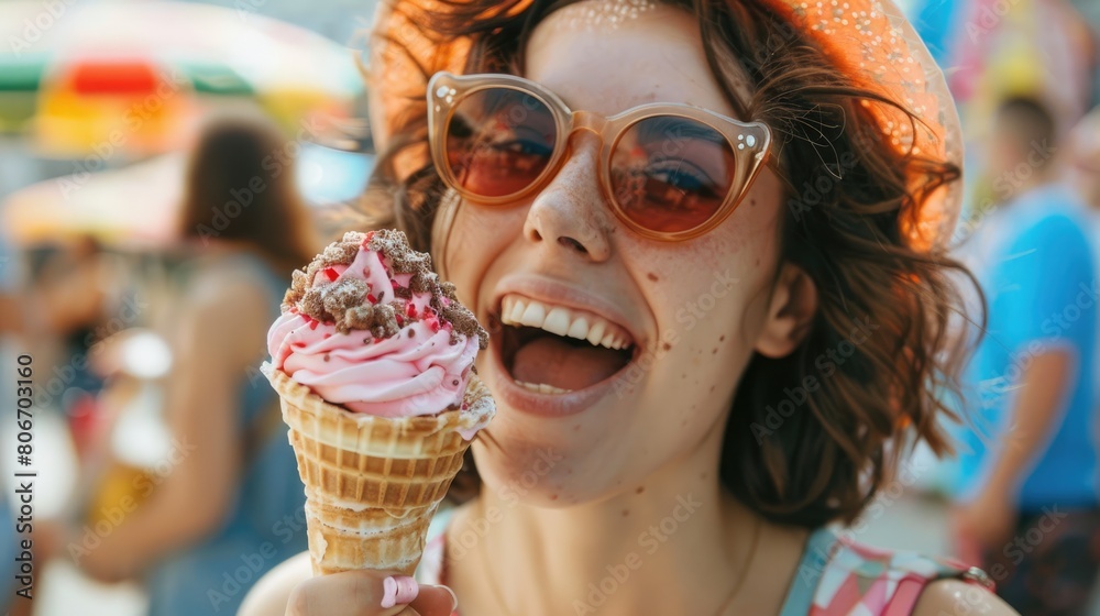 A woman enjoying a delicious ice cream cone at a carnival, capturing a happy summer moment with a snapshot of food and fun AIG50
