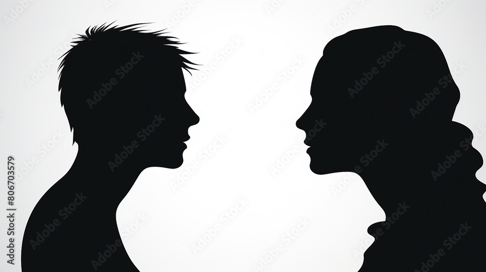 Romantic Silhouette Vector: Man and Woman Face to Face Illustration, Love Concept Artwork for Relationship Bonds and Unity