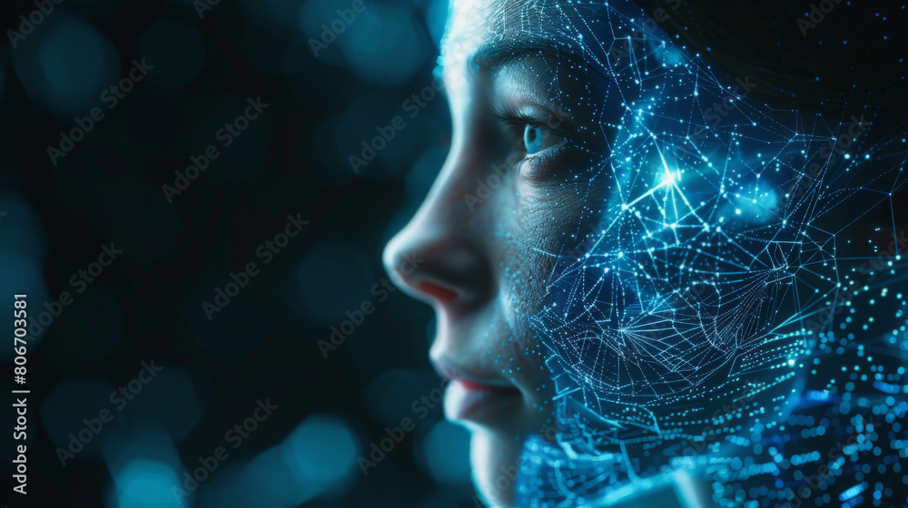 A digital representation of a woman's profile with a mesh of network lines and nodes overlaying her skin, symbolizing technology integration or artificial intelligence. A digital representation of a woman's profile with a mesh of network lines and nodes overlaying her skin, symbolizing technology integration or artificial intelligence.