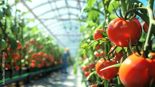 A greenhouse filled with ripe bright red tomatoes. Workers tend to the plants to ensure a healthy and tasty harvest photo