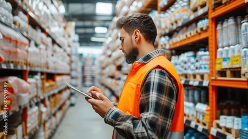 Smart warehouse worker hands looking tablet and scanning product while checking product at warehouse. Man with safety vest working on tablet while walking at storage with blurring background. AIG42.