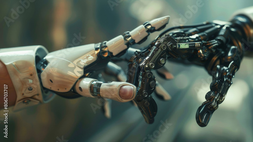 Two robotic hands, one with a white covering and the other black, reaching towards each other, symbolic of human-machine interaction and future technologies.