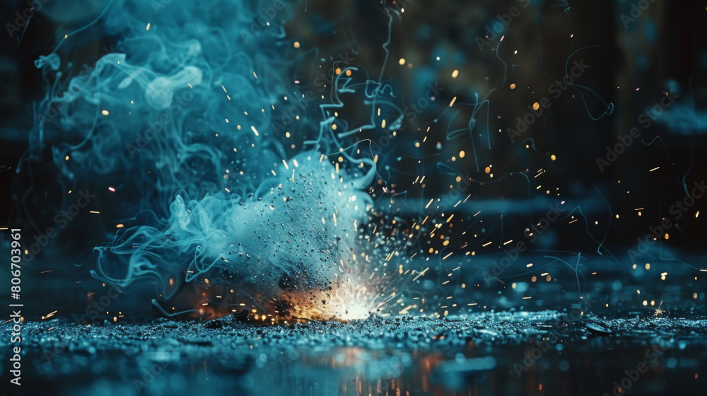 Fototapeta premium Dynamic close-up of sparks and smoke bursting intensely in a dark, atmospheric setting.