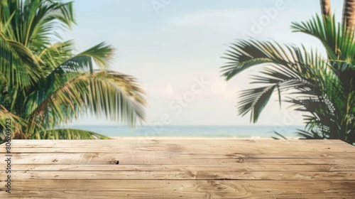 Wooden Table with Tropical Beach Background