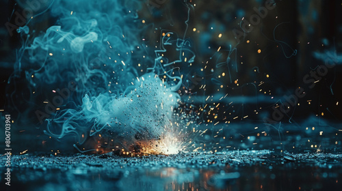 Dynamic close-up of sparks and smoke bursting intensely in a dark, atmospheric setting.