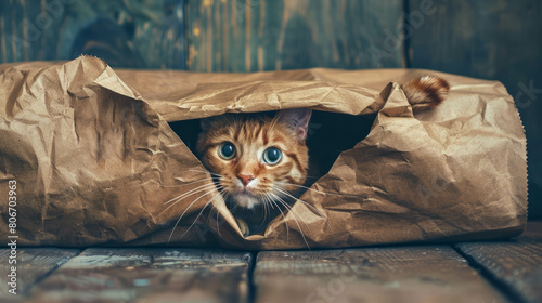 Experience the amusing antics of a curious cat in a humorous photo, nestled inside a paper bag with its head or tail peeking out. AI generative.