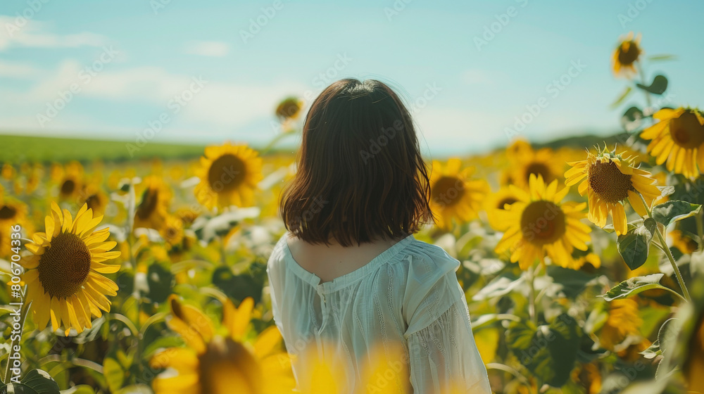 A person standing amidst a field of sunflowers under a clear blue sky, the gentle glow of sunlight casting a serene ambiance over the scene. A person standing amidst a field of sunflowers under a clear blue sky, the gentle glow of sunlight casting a serene ambiance over the scene.
