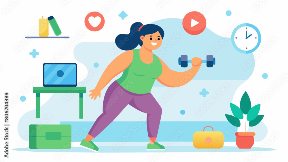 A health vlogger takes viewers along on her morning lowimpact workout routine highlighting the importance of starting the day with gentle movement.. Vector illustration