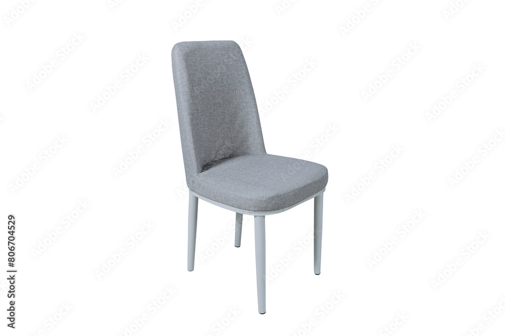 a grey chair with white legs