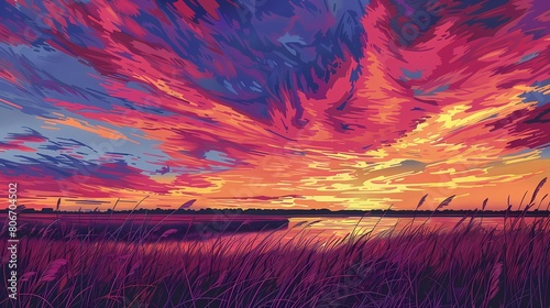 River under sunset abstract illustration poster background