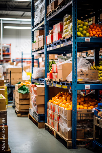 A well-organized industrial warehouse storing a variety of fruits and packaged goods on shelves, representing efficient distribution and logistics. © EricMiguel