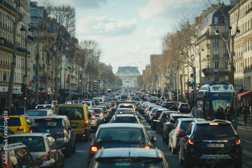 Experience the vibrant French streets bustling with traffic and people  captured in colorful animation stills with detailed attention. AI generative.