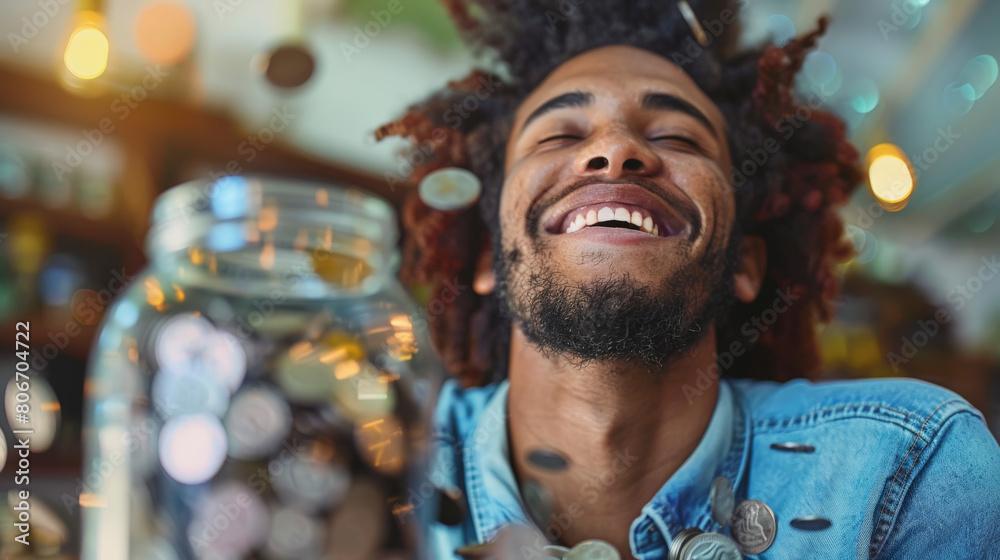 A happy individual with dreadlocks pours coins from a jar, possibly symbolizing saving money or the joy of achieving a financial goal. A happy individual with dreadlocks pours coins from a jar, possibly symbolizing saving money or the joy of achieving a financial goal.