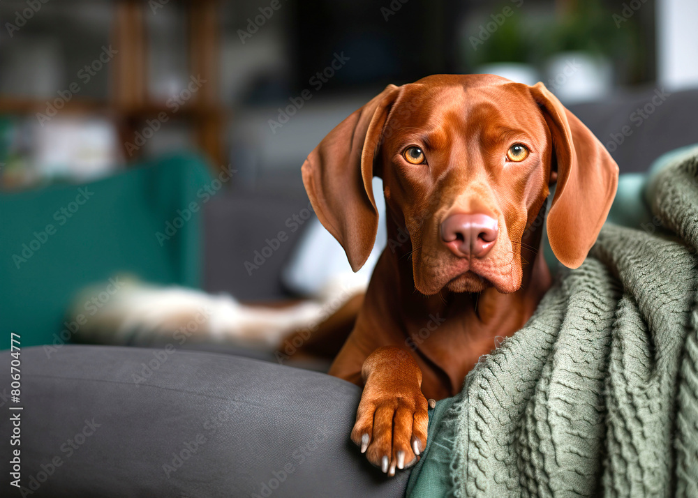 Cute domestic dog sitting on the sofa wrapped in a knitted blanket