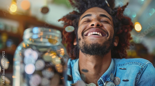 A happy individual with dreadlocks pours coins from a jar  possibly symbolizing saving money or the joy of achieving a financial goal.