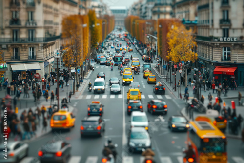 Discover the dynamic atmosphere of French streets in animated stills, featuring colorful scenes of traffic and people with spontaneous gestures and detailed attention. AI generative. photo