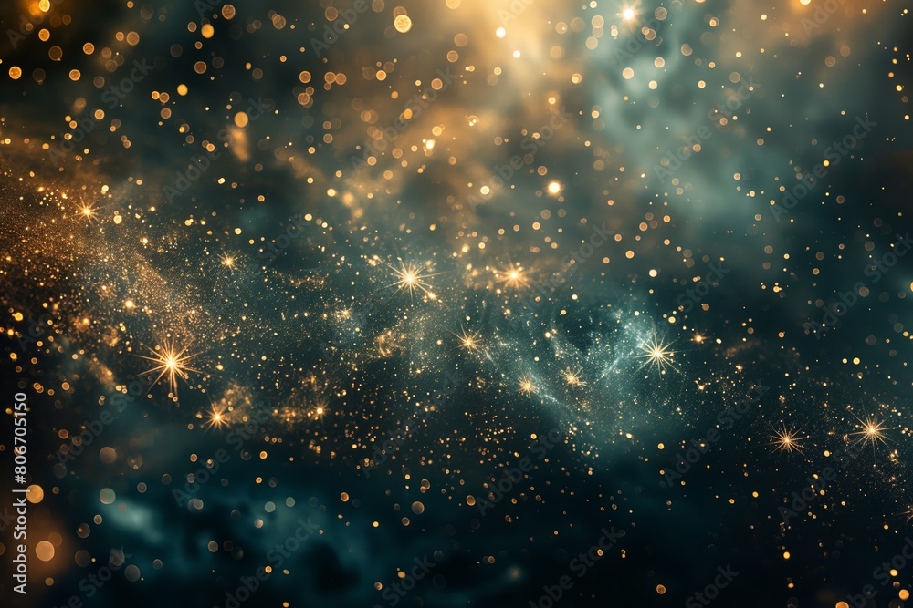 Fototapeta premium Magical celestial scene with golden sparkles scattered across a mystical blue background, evoking the vastness of space