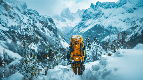A hiker with a large backpack trekking through a snowy mountainous landscape, with towering peaks in the background under a cloudy sky. photo