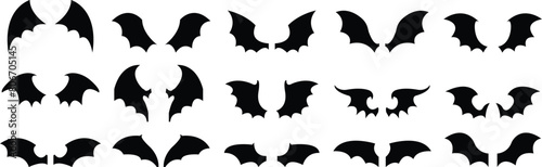 dark wing set silhouette evil devil in the shadows Scary bat wings on Halloween night. Bat logo animal and vector, wings, halloween, vampire, gothic design bat icon isolated on transparent background.