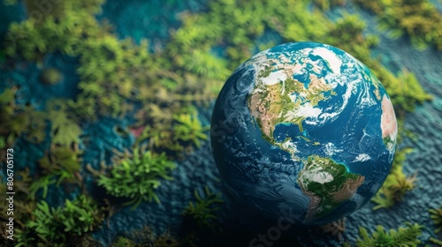 Detailed Globe Model Surrounded by Lush Greenery
