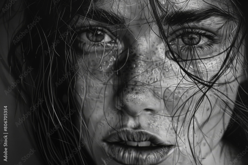 Hyper-realistic portrait using charcoal, focusing on capturing intricate details like the texture of skin and hair 