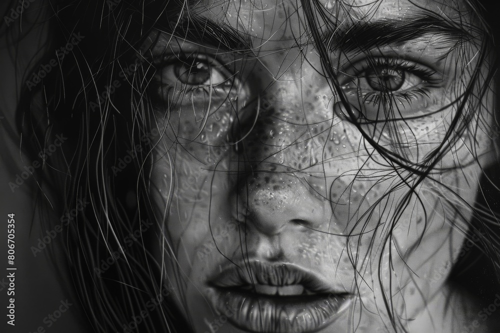 Fototapeta premium Hyper-realistic portrait using charcoal, focusing on capturing intricate details like the texture of skin and hair 