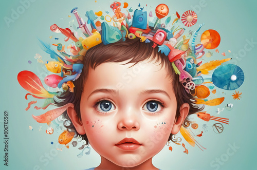 Romantic and daydreamer child head with colorful things on head as imagination photo