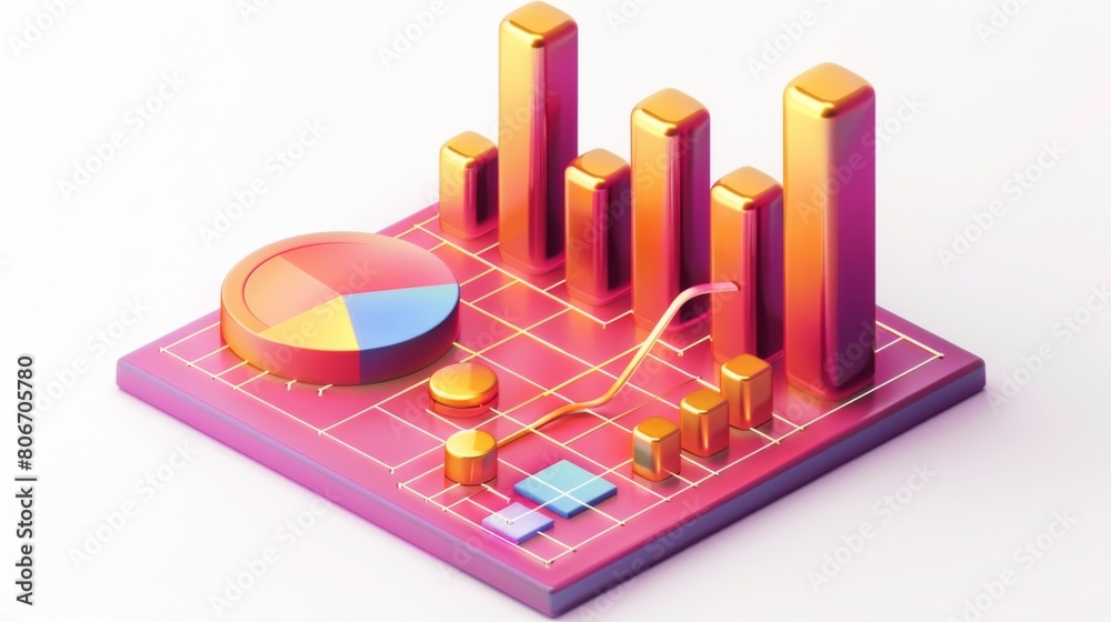 3D illustration of colorful charts, bar graph, pie chart and line graph on a grid, representing data analysis or financial report. 3D illustration of colorful charts, bar graph, pie chart and line graph on a grid, representing data analysis or financial report.