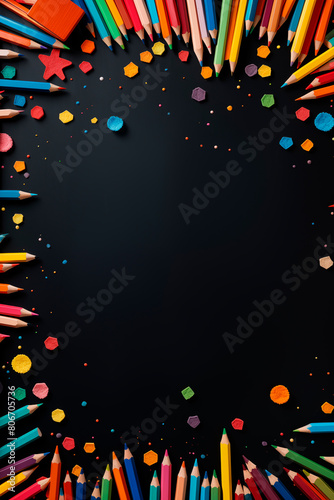 Vibrant colored pencils scattered at the base of a blackboard, representing creativity and the colorful potential of art in educational settings.