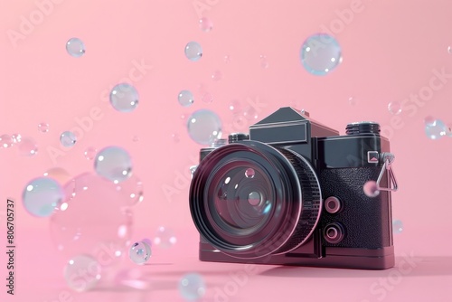Three dimensional render of old-fashioned camera floating with various bubbles against pink background