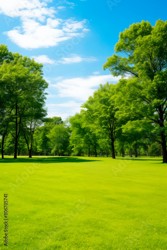 A vibrant, lush green park under a clear blue sky, showcasing the serene and tranquil beauty of nature perfect for leisure and relaxation.