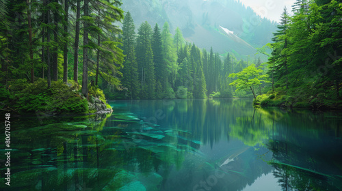 A tranquil  crystal-clear mountain lake surrounded by lush green forests with a backdrop of misty mountains  reflecting the serene landscape on its surface.