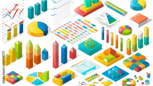 Isometric collection of colorful graphs and charts representing data analytics and statistics for business presentations and reports.