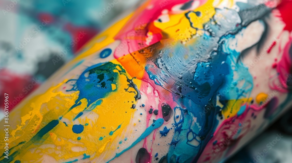 Fototapeta premium Dynamic close-up of a watercolor tattoo with bold color splashes and abstract elements, creating a striking visual, isolated background
