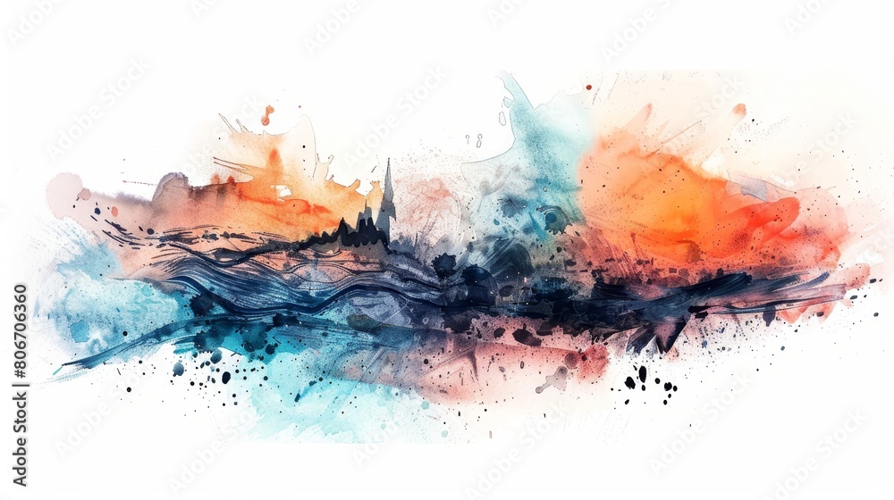 Fototapeta premium Detailed watercolor tattoo, emulating brushstrokes and splashes in a landscape design, vibrant and meaningful, perfect for personal expression, isolated
