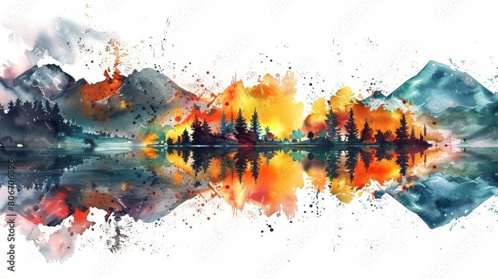 Detailed watercolor tattoo, emulating brushstrokes and splashes in a landscape design, vibrant and meaningful, perfect for personal expression, isolated