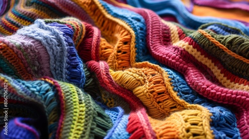 Vibrant and warm handmade crochet texture background with colorful multicolor yarn fabric in a detailed close-up knit pattern. Perfect for fashion design or cozy blanket making