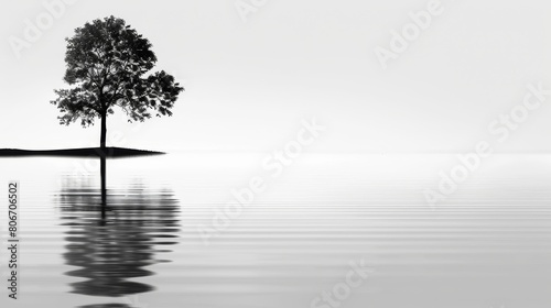 Tranquil minimalism lone tree  serene reflection  nature backdrop  Ai Generated