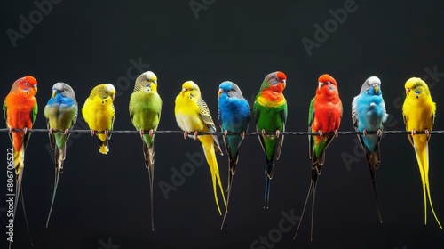 Colorful birds perch on telephone wire, displaying diverse hues, Ai Generated photo
