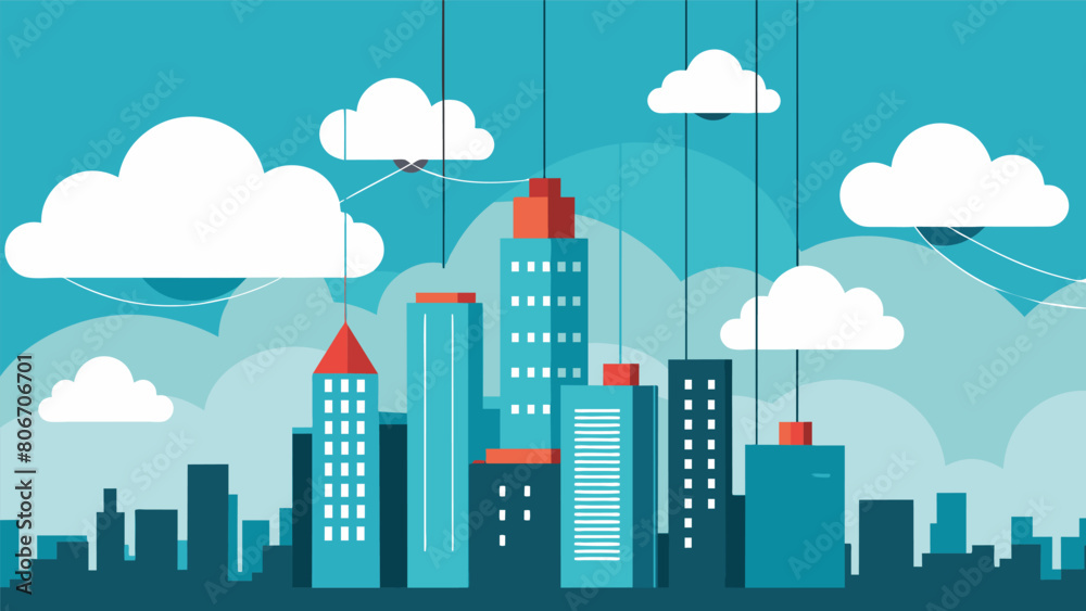 A city skyline with strings reaching from the clouds symbolizing the medias farreaching influence over society.. A city skyline with strings reaching from the clouds symbolizing the medias farreaching influence over society..