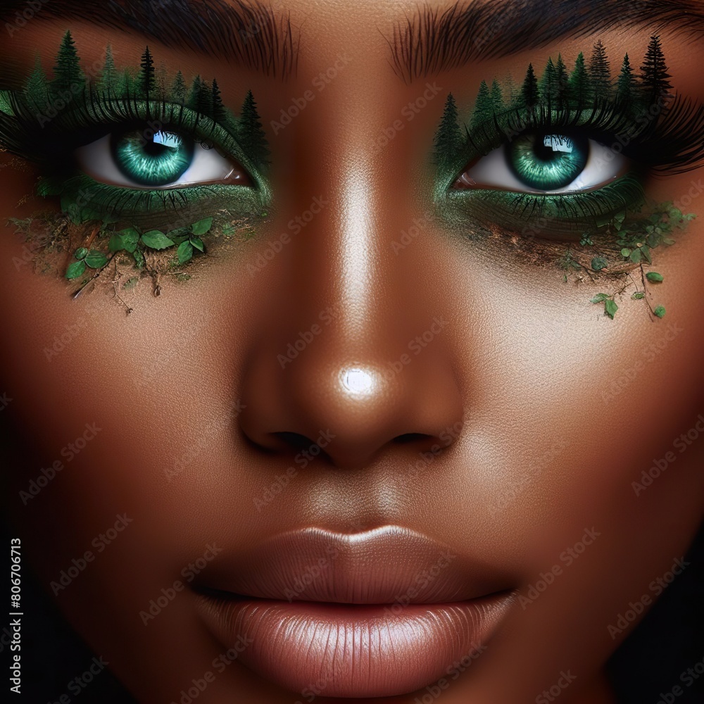  detailed close up of a beautiful young woman's face, with eyes made of trees, a detailed closeup of an forest swirling around the green eyelashes