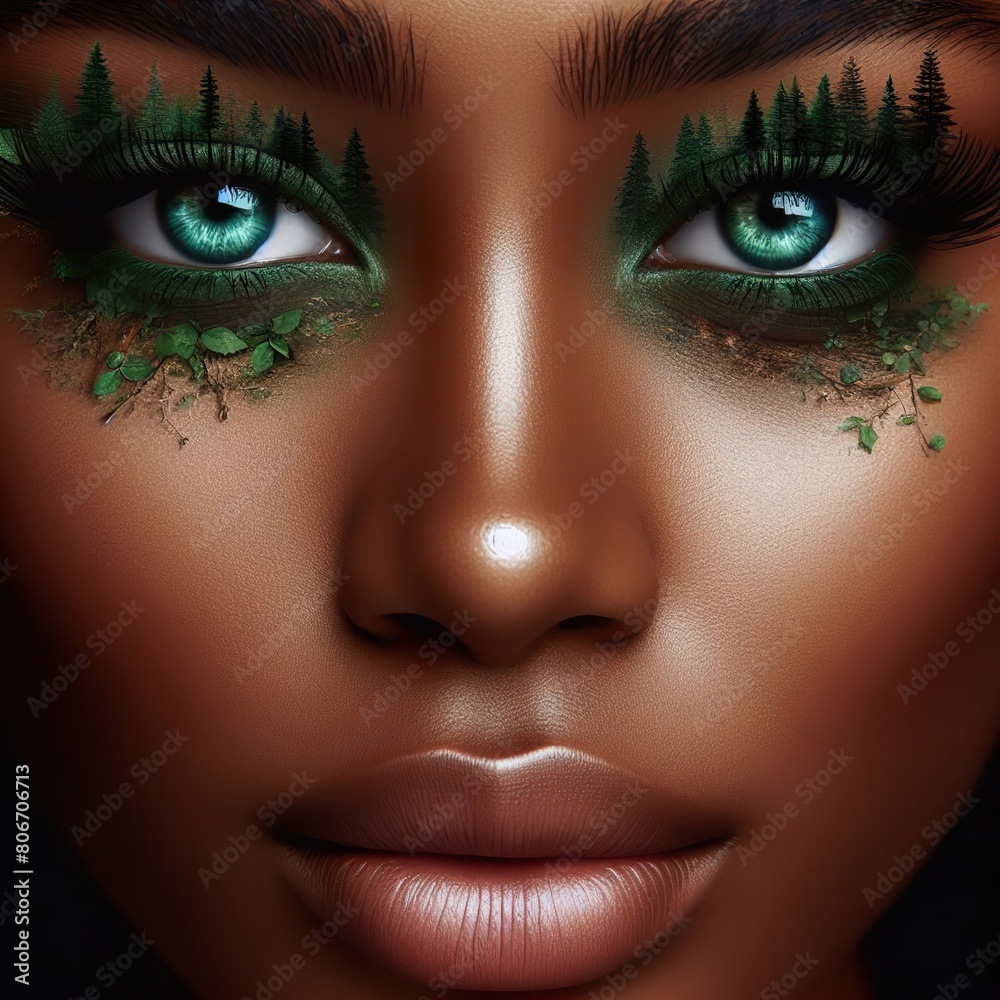 detailed close up of a beautiful young woman's face, with eyes made of trees, a detailed closeup of an forest swirling around the green eyelashes detailed close up of a beautiful young woman's face, with eyes made of trees, a detailed closeup of an forest swirling around the green eyelashes