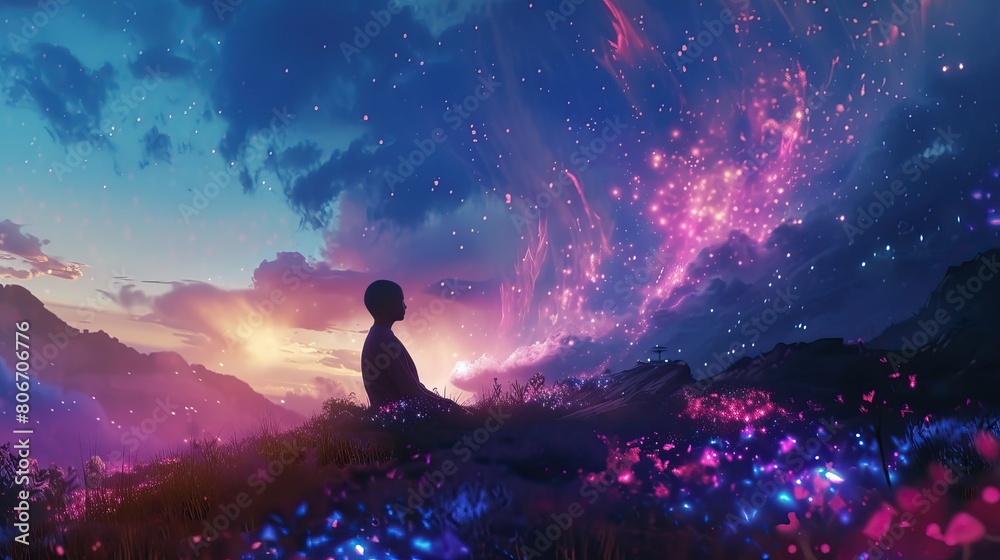 A silhouette of a person sitting on a hill, gazing at a vibrant, colorful sky with pink and blue hues and glowing flowers around.