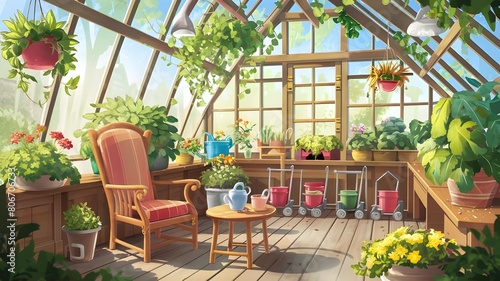 Greenhouse interior with glass walls, wooden furniture and green plants in flowerpot and vase. Cartoon vector illustration of conservatory garden inside with greenery and cultivation equipment.  photo