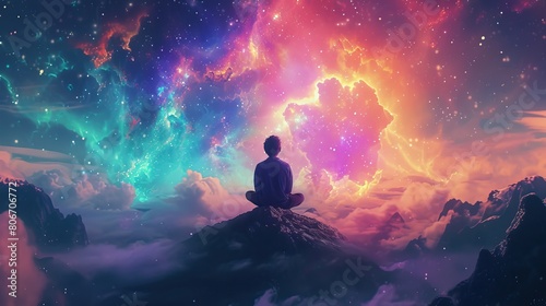 Cosmic Meditation. A person meditating on a mountain peak with a vibrant cosmic sky filled with stars and nebulae in the background. photo