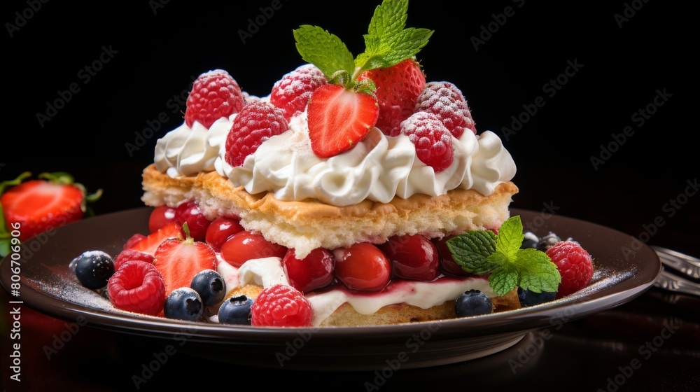 A decadent slice of cake covered in fluffy whipped cream and topped with a colorful assortment of fresh berries A decadent slice of cake covered in fluffy whipped cream and topped with a colorful assortment of fresh berries