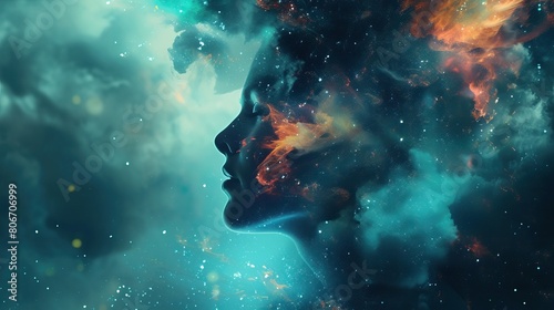 Cosmic Contemplation. A digital artwork of a woman's profile blended with a cosmic nebula, creating a surreal and vibrant visual of space and human features. © Svfotoroom
