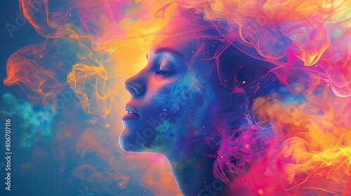 Cosmic Beauty. A vibrant digital artwork of a woman s profile with cosmic and nebula-like patterns swirling around her head  in vivid shades of pink and blue.