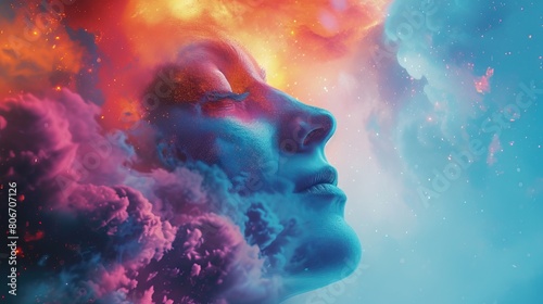 Cosmic Beauty. A vibrant digital artwork of a woman's profile with cosmic and nebula-like patterns swirling around her head, in vivid shades of pink and blue. © Svfotoroom