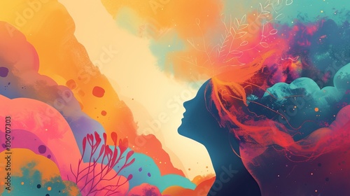 Abstract Art of Woman's Silhouette. Colorful abstract artwork featuring a silhouette of a woman's profile with vibrant, flowing colors and shapes around her head, depicting creativity and imagination.